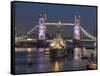 Tower Bridge and HMS Belfast on the River Thames at dusk, London, England, United Kingdom, Europe-Charles Bowman-Framed Stretched Canvas