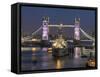 Tower Bridge and HMS Belfast on the River Thames at dusk, London, England, United Kingdom, Europe-Charles Bowman-Framed Stretched Canvas