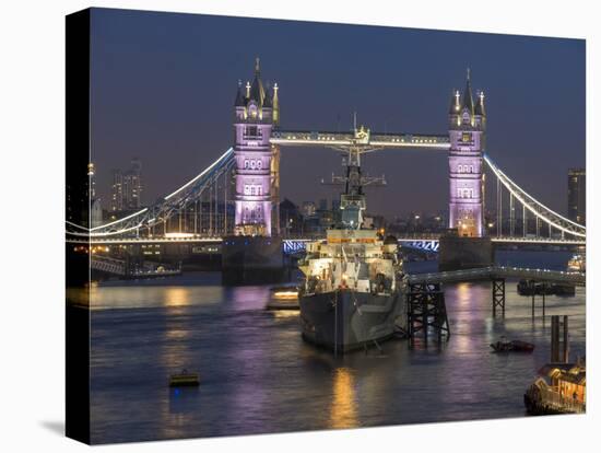 Tower Bridge and HMS Belfast on the River Thames at dusk, London, England, United Kingdom, Europe-Charles Bowman-Stretched Canvas