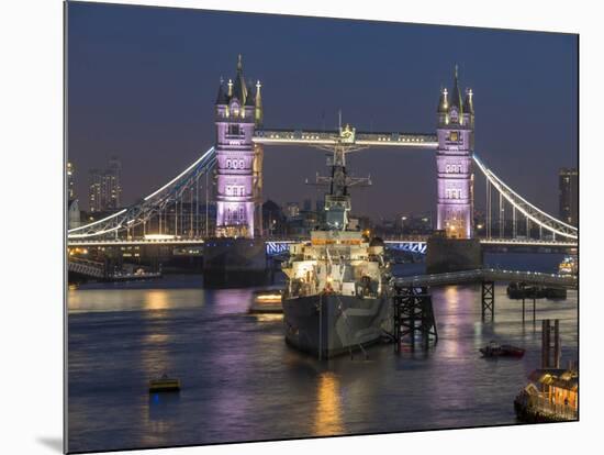 Tower Bridge and HMS Belfast on the River Thames at dusk, London, England, United Kingdom, Europe-Charles Bowman-Mounted Photographic Print