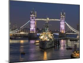 Tower Bridge and HMS Belfast on the River Thames at dusk, London, England, United Kingdom, Europe-Charles Bowman-Mounted Photographic Print