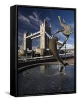 Tower Bridge and the Girl with a Dolphin Sculpture, London, England-Amanda Hall-Framed Stretched Canvas