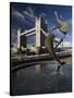 Tower Bridge and the Girl with a Dolphin Sculpture, London, England-Amanda Hall-Stretched Canvas