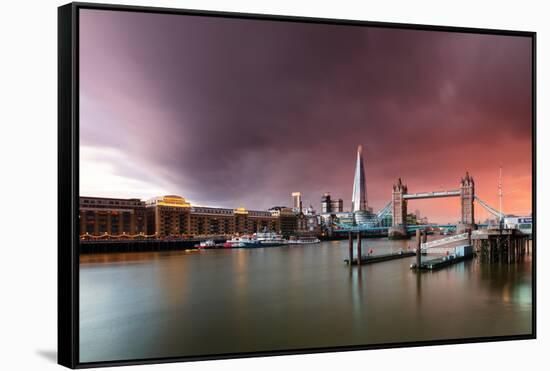 Tower Bridge and The Shard at sunset with storm clouds, London-Ed Hasler-Framed Stretched Canvas