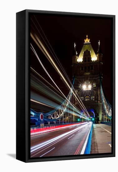 Tower Bridge at night, with light trails, London-Ed Hasler-Framed Stretched Canvas