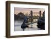 Tower Bridge raising deck with HMS Belfast on the River Thames, London, England, United Kingdom, Eu-Charles Bowman-Framed Photographic Print