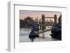 Tower Bridge raising deck with HMS Belfast on the River Thames, London, England, United Kingdom, Eu-Charles Bowman-Framed Photographic Print