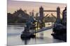 Tower Bridge raising deck with HMS Belfast on the River Thames, London, England, United Kingdom, Eu-Charles Bowman-Mounted Photographic Print