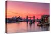 Tower Bridge, River Thames and HMS Belfast at sunrise with pink sky, and Canary Wharf-Ed Hasler-Stretched Canvas