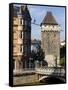 Tower by Neckar River, Esslingen Am Neckar, Baden-Wurttemberg, Germany-Walter Bibikow-Framed Stretched Canvas