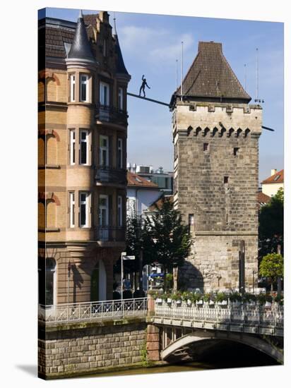 Tower by Neckar River, Esslingen Am Neckar, Baden-Wurttemberg, Germany-Walter Bibikow-Stretched Canvas