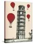 Tower of Pisa and Red Hot Air Balloons-Fab Funky-Stretched Canvas