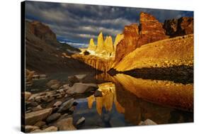 Towers with Reflection at Sunrise, Torres Del Paine National Park, Patagonia, Chile-DmitryP-Stretched Canvas