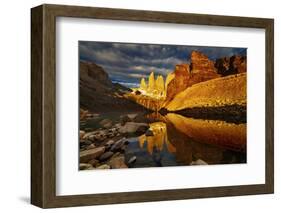 Towers with Reflection at Sunrise, Torres Del Paine National Park, Patagonia, Chile-DmitryP-Framed Photographic Print