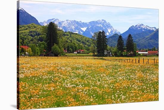 Town against Zugspitze Mountains, Ohlstadt, Upper Bavaria, Bavaria, Germany-null-Stretched Canvas