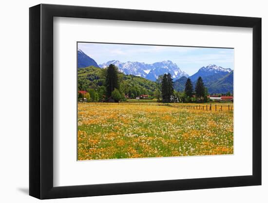 Town against Zugspitze Mountains, Ohlstadt, Upper Bavaria, Bavaria, Germany-null-Framed Art Print