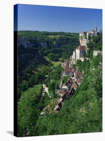 Town and Church Overlook a Green Valley at Rocamadour, Lot, Midi Pyrenees, France, Europe-Richardson Rolf-Stretched Canvas