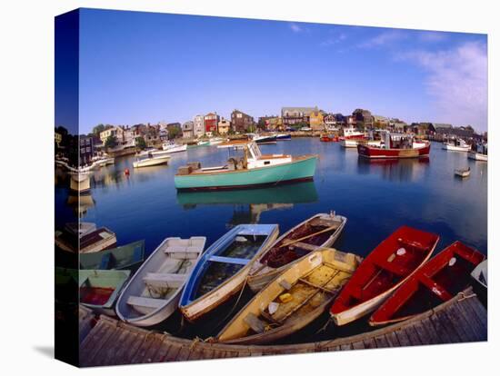 Town Buildings and Colorful Boats in Bay, Rockport, Maine, USA-Jim Zuckerman-Stretched Canvas