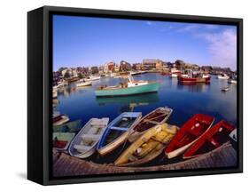 Town Buildings and Colorful Boats in Bay, Rockport, Maine, USA-Jim Zuckerman-Framed Stretched Canvas