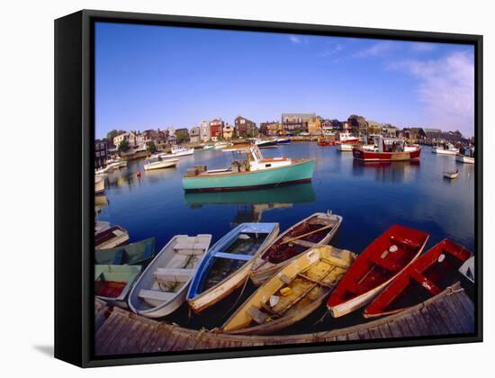 Town Buildings and Colorful Boats in Bay, Rockport, Maine, USA-Jim Zuckerman-Framed Stretched Canvas