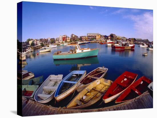 Town Buildings and Colorful Boats in Bay, Rockport, Maine, USA-Jim Zuckerman-Stretched Canvas