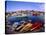 Town Buildings and Colorful Boats in Bay, Rockport, Maine, USA-Jim Zuckerman-Stretched Canvas