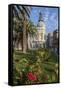 Town Hall under a Cloud Dappled Blue Sky with Palm Trees and Roses, Cartagena, Murcia Region, Spain-Eleanor Scriven-Framed Stretched Canvas