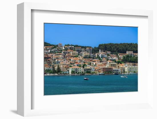 Town seafront panorama with low-rise buildings, Argostoli, Cephalonia Ionia Islands, Greek Islands-bestravelvideo-Framed Photographic Print