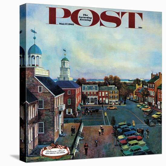 "Town Square, New Castle Delaware," Saturday Evening Post Cover, March 17, 1962-John Falter-Stretched Canvas