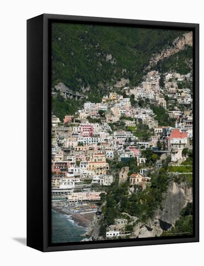 Town View from Amalfi Coast Road, Positano, Amalfi, Campania, Italy-Walter Bibikow-Framed Stretched Canvas