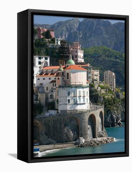 Town View from Coast Road, Amalfi, Campania, Italy-Walter Bibikow-Framed Stretched Canvas