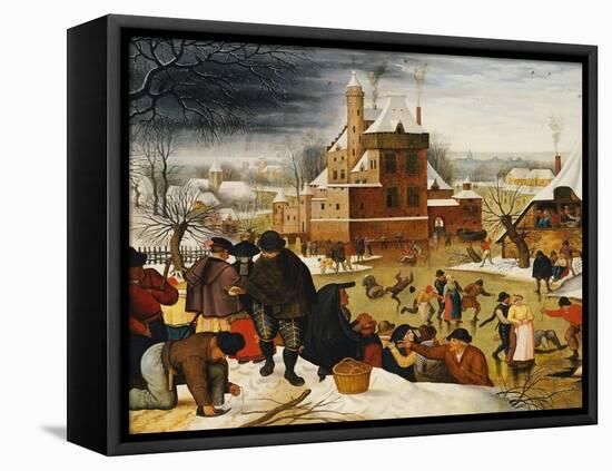 Townsfolk Skating on a Castle Moat-Pieter Bruegel the Elder-Framed Stretched Canvas