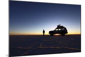 Toyota Land Cruiser Silhouetted Against Sunrise, Salar De Uyuni, Bolivia-James Brunker-Mounted Photographic Print