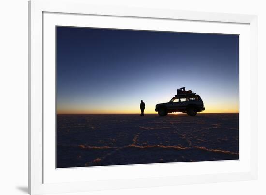 Toyota Land Cruiser Silhouetted Against Sunrise, Salar De Uyuni, Bolivia-James Brunker-Framed Photographic Print