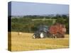 Tractor Collecting Hay Bales at Harvest Time, the Coltswolds, England-David Hughes-Stretched Canvas