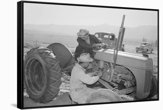 Tractor Repair: Driver Benji Iguchi, Mechanic Henry Hanawa, Manzanar Relocation Center, California-Ansel Adams-Framed Stretched Canvas