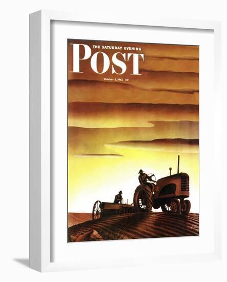 "Tractors at Sunset," Saturday Evening Post Cover, October 3, 1942-Arthur C. Radebaugh-Framed Giclee Print