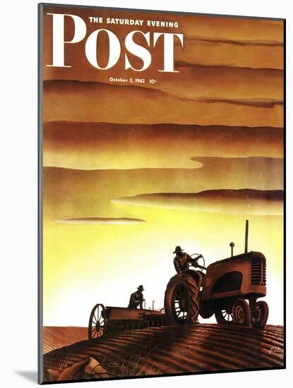 "Tractors at Sunset," Saturday Evening Post Cover, October 3, 1942-Arthur C. Radebaugh-Mounted Giclee Print