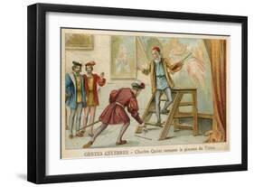 Trade Card Depicting Charles Quint Picking Up the Brush of Titian-null-Framed Giclee Print