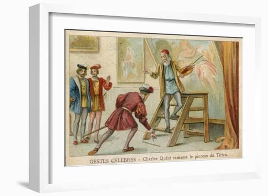 Trade Card Depicting Charles Quint Picking Up the Brush of Titian-null-Framed Giclee Print