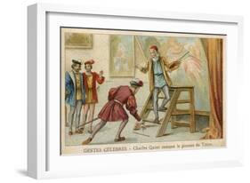 Trade Card Depicting Charles Quint Picking Up the Brush of Titian-null-Framed Giclee Print