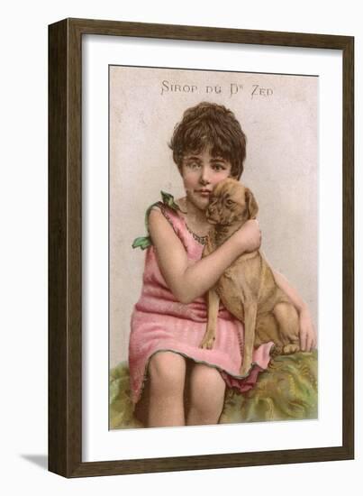 Trade Card for Dr Zed Syrup, Girl with Pug Dog-null-Framed Art Print