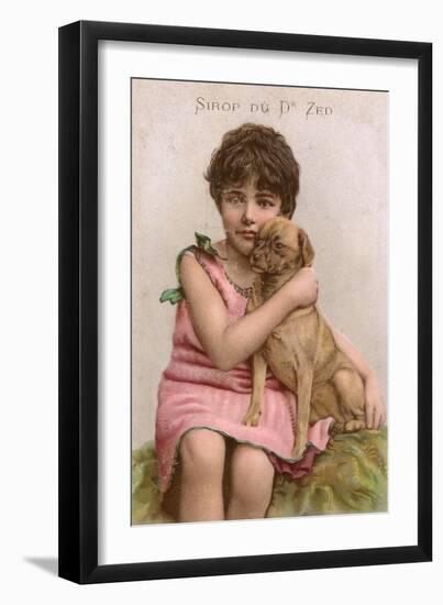 Trade Card for Dr Zed Syrup, Girl with Pug Dog-null-Framed Art Print