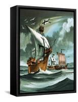 Trading Ships with Teutonic Knights Aboard Closing in on a Pirate Vessal-Dan Escott-Framed Stretched Canvas