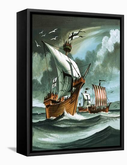 Trading Ships with Teutonic Knights Aboard Closing in on a Pirate Vessal-Dan Escott-Framed Stretched Canvas