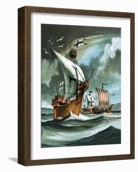 Trading Ships with Teutonic Knights Aboard Closing in on a Pirate Vessal-Dan Escott-Framed Giclee Print