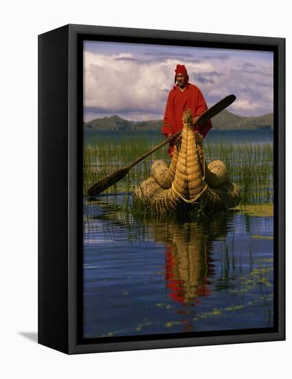 Traditiona Totora Reed Boat & Aymara, Lake Titicaca, Bolivia / Peru, South America-Pete Oxford-Framed Stretched Canvas