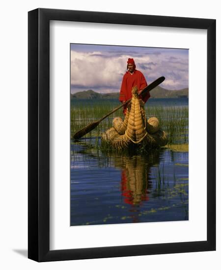 Traditiona Totora Reed Boat & Aymara, Lake Titicaca, Bolivia / Peru, South America-Pete Oxford-Framed Premium Photographic Print