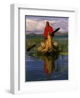 Traditiona Totora Reed Boat & Aymara, Lake Titicaca, Bolivia / Peru, South America-Pete Oxford-Framed Premium Photographic Print