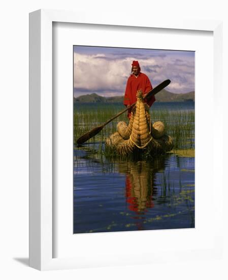 Traditiona Totora Reed Boat & Aymara, Lake Titicaca, Bolivia / Peru, South America-Pete Oxford-Framed Premium Photographic Print